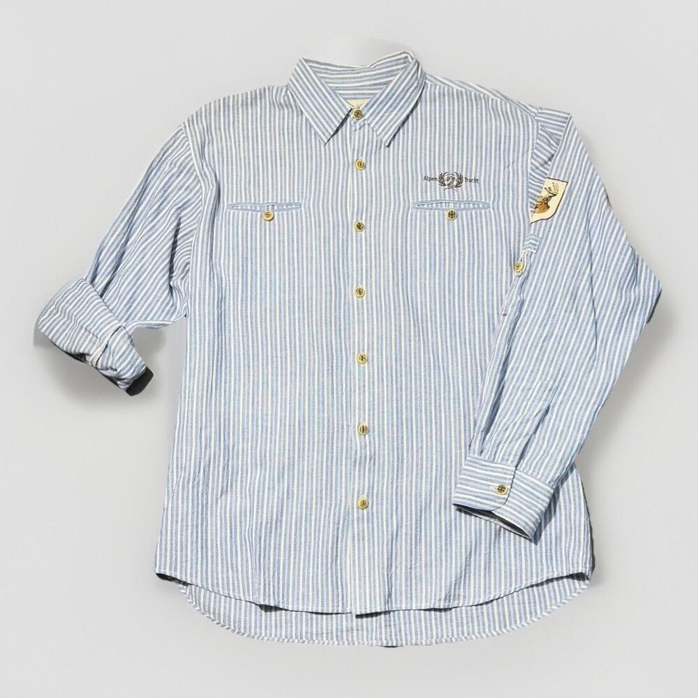 Birkhahn Mode Mens XL Blue Long Sleeve Stripe Button Down Embroidered Deer Patch